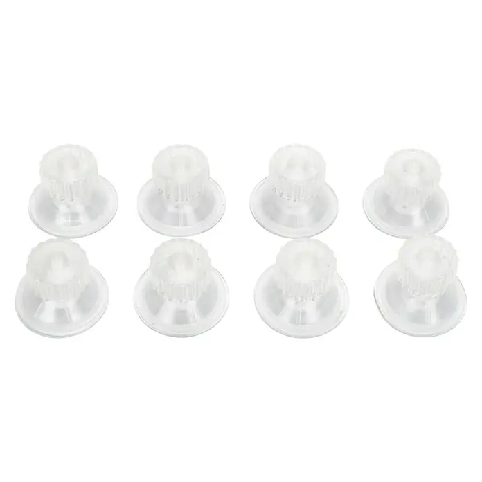 EcoFlow Saugnapf - Farblos, 8 Stk., Höhe: 3 cm, Durchmesser: 4,5 mm - Acht weiße, runde Möbelgleiter mit geriffelter Oberfläche, die aufgereiht auf einem schwarzen Untergrund liegen.