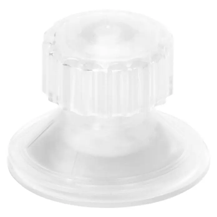 EcoFlow Saugnapf - Farblos, 8 Stk., Höhe: 3 cm, Durchmesser: 4,5 mm - Nahaufnahme eines transparenten Saugnapfes mit geriffelter Oberseite. Ideal für glatte Oberflächen und vielseitige Anwendungen.
