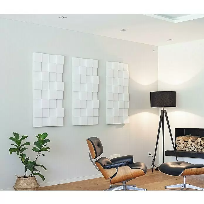 Silenti Akustikpaneel CubeLevel - Weiß, 100 cm x 50 cm x 80 mm, 100 % Polyester - Drei weiße schallabsorbierende Paneele mit modernem 3D-Geometriedesign schmücken eine helle Wand im Wohnzimmer und verbessern Akustik und Dekor.