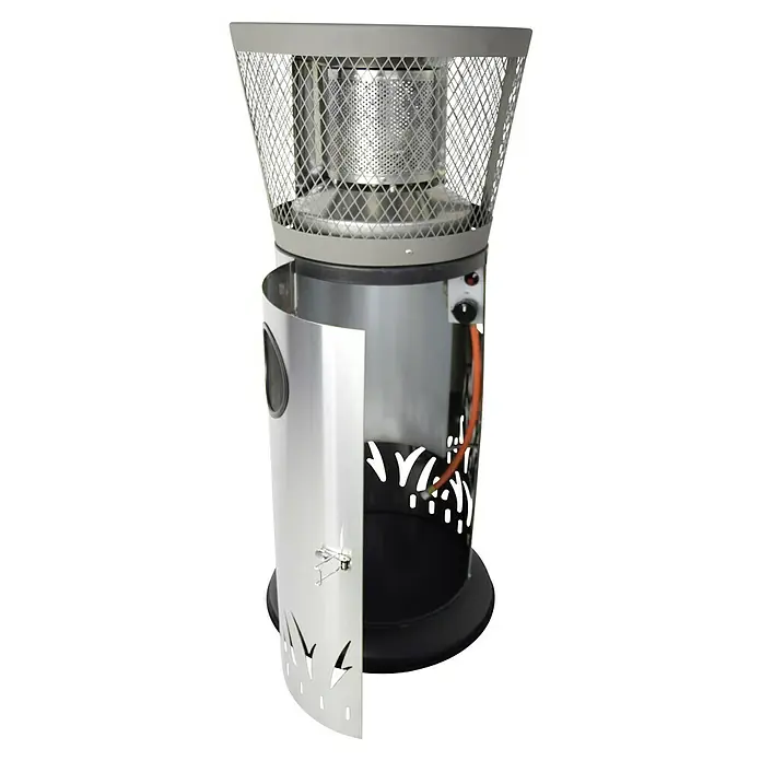 Activa Gasheizstrahler Sinus - 6 W, Silber, Höhe: 115 cm, Fahrbar - Ein silberner Terrassenheizer mit geöffneter Tür zeigt das Innere. Er ist mit einem Schutzgitter und Bedienfeld ausgestattet.