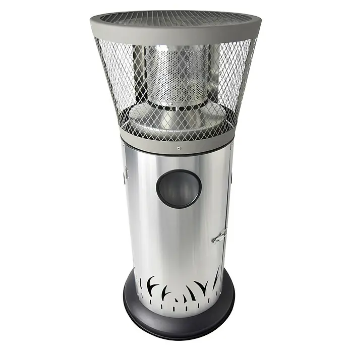 Activa Gasheizstrahler Sinus - 6 W, Silber, Höhe: 115 cm, Fahrbar - Nahaufnahme eines silbernen Terrassenheizers mit einem runden Sichtfenster und einem dekorativen Sockel.