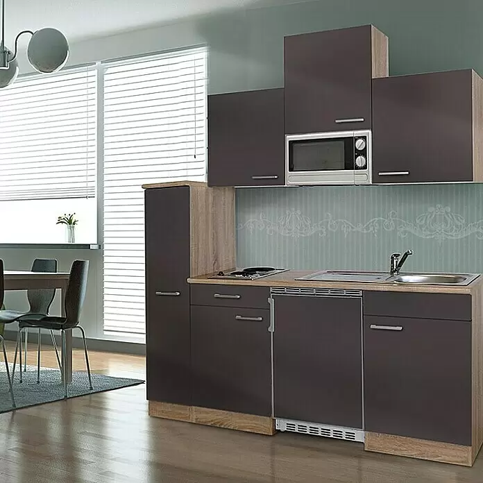 Respekta Cocina compacta Luis - Ancho: 180 cm, Gris, Color del cuerpo: Marrón, Placa de cocina doble, frigorífico y microondas - Mueble de cocina compacto gris oscuro y madera clara con fregadero, vitrocerámica, microondas y nevera, en espacio moderno.