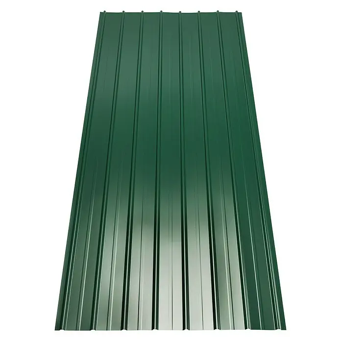 Metdach Dachblech Schwallblech MetDach - 350 cm x 90,6 cm x 0,4 mm, Grün - Nahaufnahme einer grünen, gewellten Dachplatte. Ideal für Dächer und Wände, robust und langlebig.