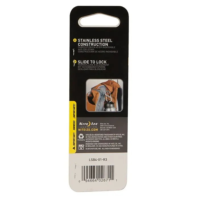 Nite Ize Doppelkarabiner Slide Lock - 89 x 38 mm, Edelstahl, Schwarz, Belastbarkeit: 33 kg - Die Nite Ize Karabiner-Klemme mit Schiebeverschluss aus Edelstahl ist eine praktische Lösung zum Befestigen von Gegenständen.