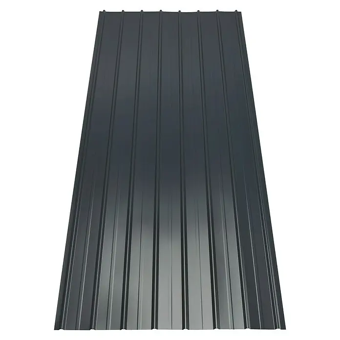 Metdach Dachblech Schwallblech MetDach400 cm x 90,5 cm x 0,4 mm, Anthrazit - Nahaufnahme einer Trapezblechplatte in dunkler Farbe. Ideal für Dacheindeckung und Wandverkleidung mit robuster Struktur.