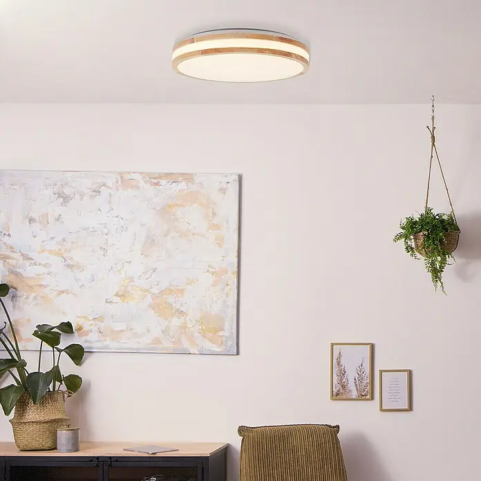 Brilliant LED-Deckenleuchte rund Laskos - 22 W, Ø x H: 38 x 9 cm, Weiß, Warmweiß - Moderne Deckenleuchte mit Holzrahmen. Das elegante Design fügt sich nahtlos in jeden Raum ein und sorgt für eine angenehme Beleuchtung.