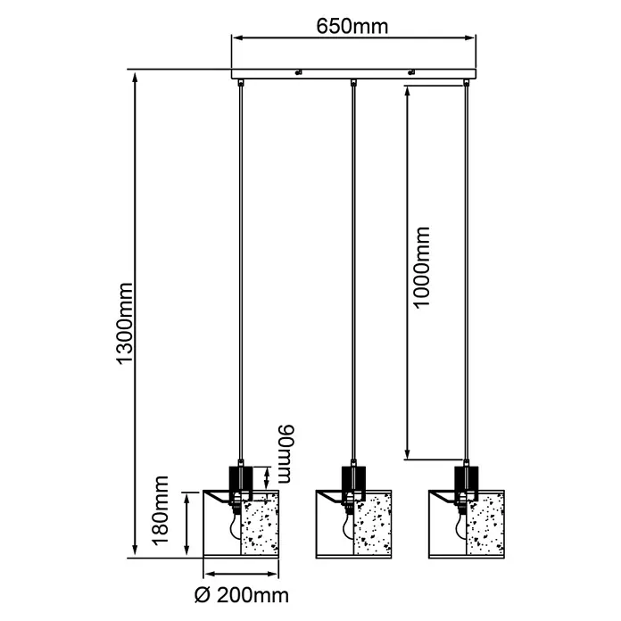 Brilliant Pia Pendelleuchte - 40 W, L x B x H: 20 x 80 x 130 cm, Schwarz, E27 - Technische Zeichnung einer Pendelleuchte mit Maßen. Perfekt für detaillierte Planungen und Designvisualisierungen.