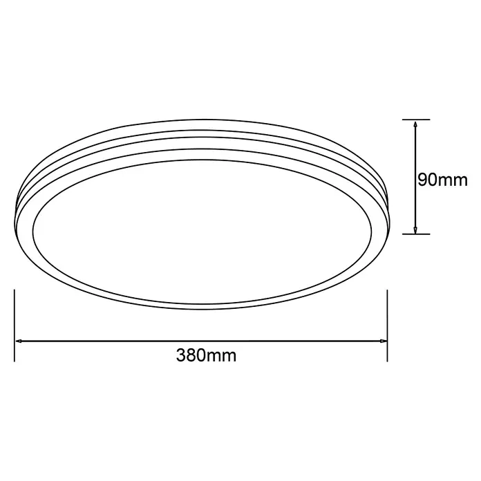 Brilliant LED-Deckenleuchte rund Laskos - 22 W, Ø x H: 38 x 9 cm, Weiß, Warmweiß - Detaillierte Skizze einer runden LED-Deckenleuchte mit den Maßen 380mm Durchmesser und 90mm Höhe.