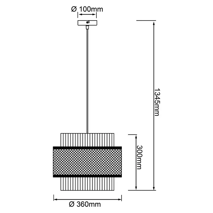 Brilliant Pendelleuchte Arles - 40 W, Schwarz, E27 - Abbildung einer Hängelampe mit den Maßen Durchmesser 360mm, Höhe 300mm und einer Gesamtlänge von 1345mm, Durchmesser der Deckenbefestigung 100mm.