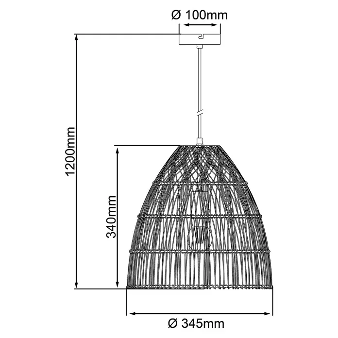 Brilliant Pendelleuchte Minster - 25 W, Schwarz, E27 - Abbildung einer Hängeleuchte aus Rattan mit den Maßen 1200 mm Gesamthöhe, Durchmesser 345 mm und Lampenschirmhöhe 340mm.
