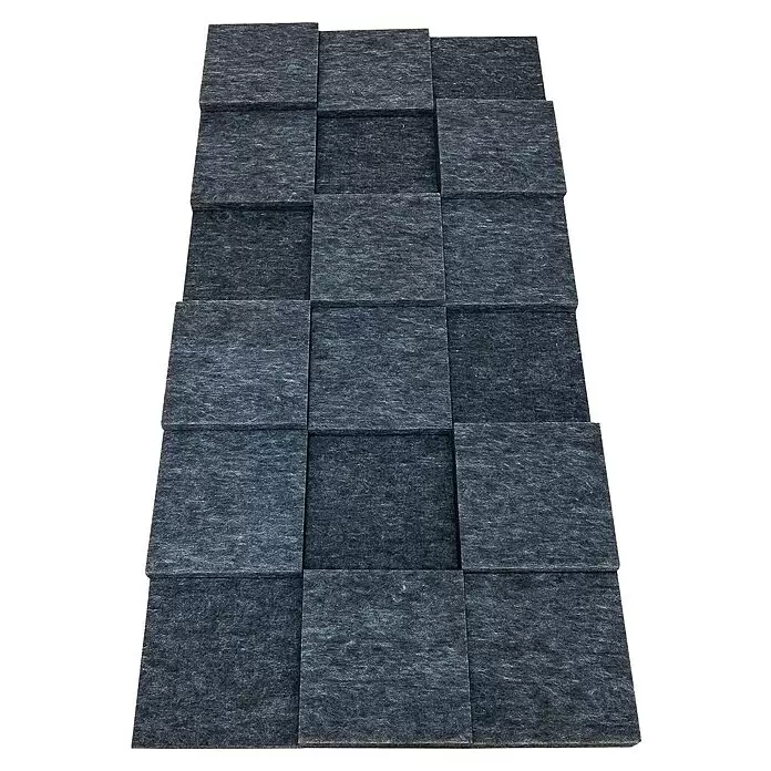 Silenti Akustikpaneel CubeLevel - Anthrazit, 100 cm x 50 cm x 80 mm, 100 % Polyester - Dunkelgraue Filz-Akustikpaneele in gestuftem 3D-Schachbrettmuster.