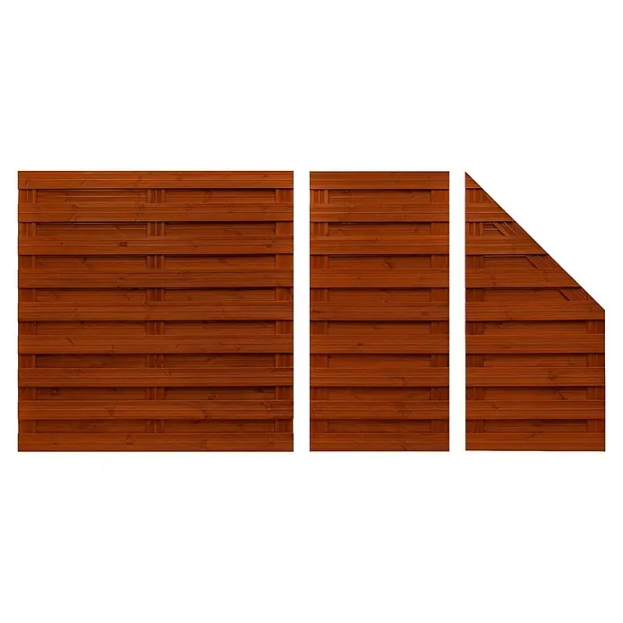 Andrewex Sichtschutzelement Goch - 90 x 90/180 cm, Teak - Ansicht von drei braunen Holzzaunelementen mit gewebtem Design, ideal für Garten oder Grundstücksbegrenzung.