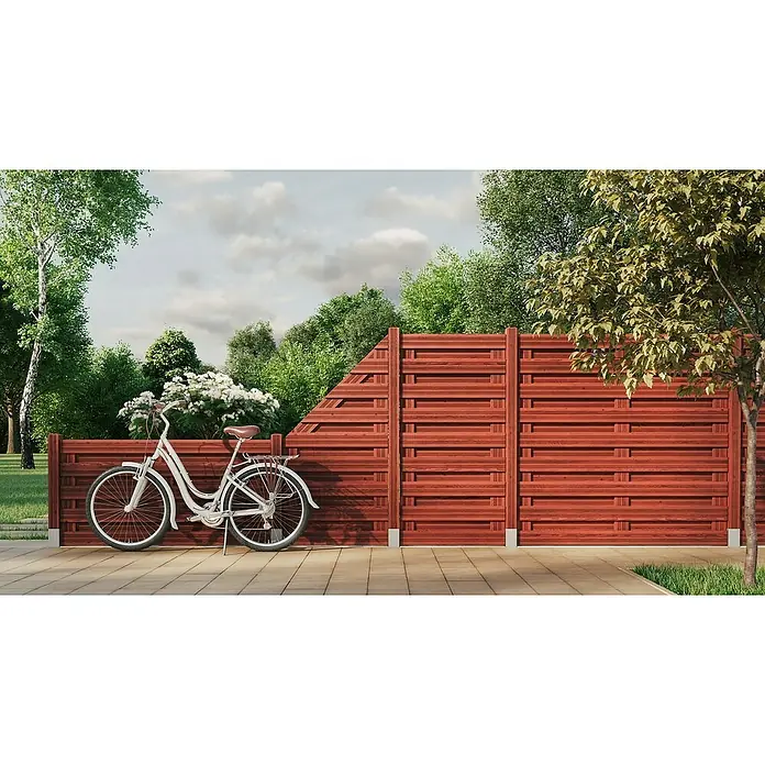 Andrewex Sichtschutzelement Goch - 90 x 90/180 cm, Teak - Ein modernes, braunes Sichtschutzzaun-System mit einem weißen Fahrrad davor, umgeben von Bäumen und Grün.