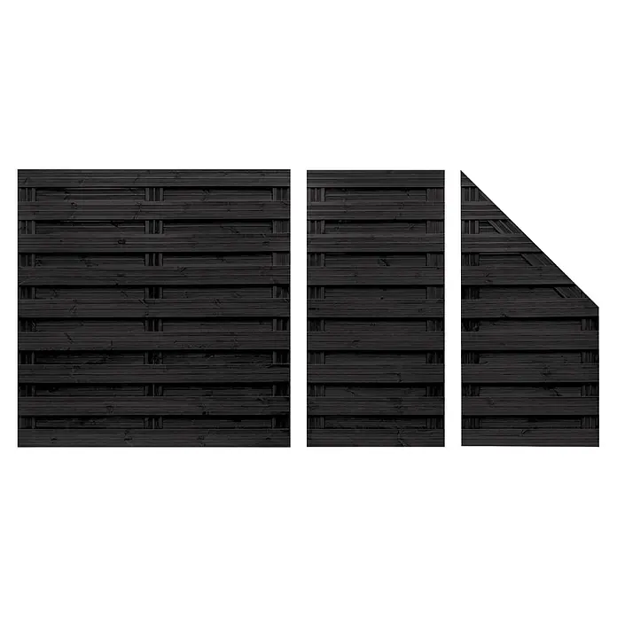 Andrewex Sichtschutzelement Goch - 180 x 180 cm, Anthrazit - Schwarzer Holzzaun mit horizontalen Brettern, die ein dekoratives Muster bilden und Privatsphäre im Garten gewährleisten.