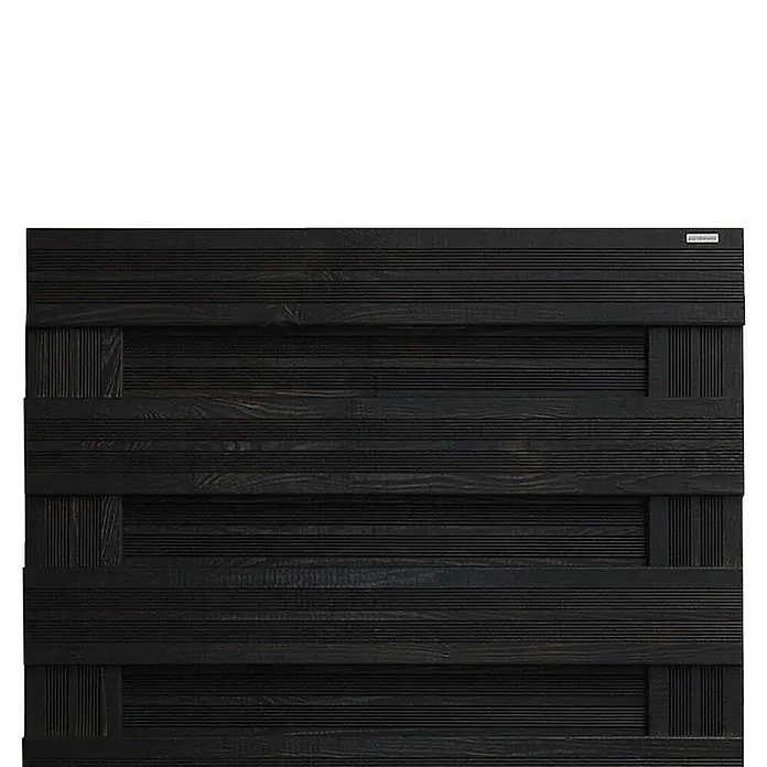 Andrewex Sichtschutzelement Goch - 180 x 180 cm, Anthrazit - Nahaufnahme einer modernen, schwarzen Holzwand mit horizontalen Brettern und vertikalen Akzenten.