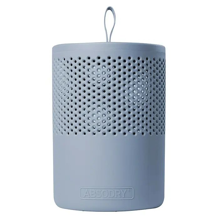 Absodry Duo Family Luftentfeuchter Series 6 - Blau, Ø x H: 14,5 x 21 cm - Ein AbsoDry Luftentfeuchter mit Löchern und einem Aufhänger zur Feuchtigkeitsabsorption in Räumen, praktisch und effizient.