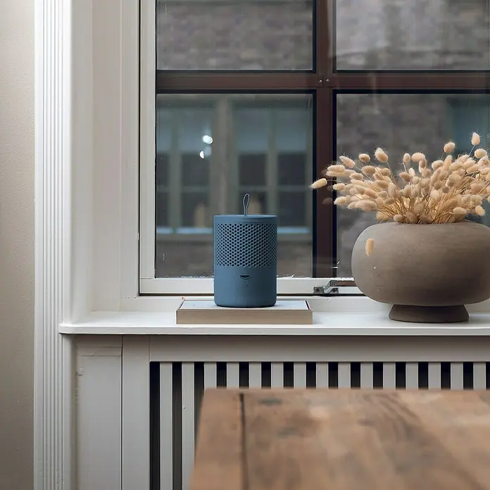 Absodry Duo Family Luftentfeuchter Series 6 - Blau, Ø x H: 14,5 x 21 cm - Ein blauer Luftentfeuchter steht auf einem Fensterbrett neben einer Vase mit Trockenblumen, die für eine frische Atmosphäre sorgen.