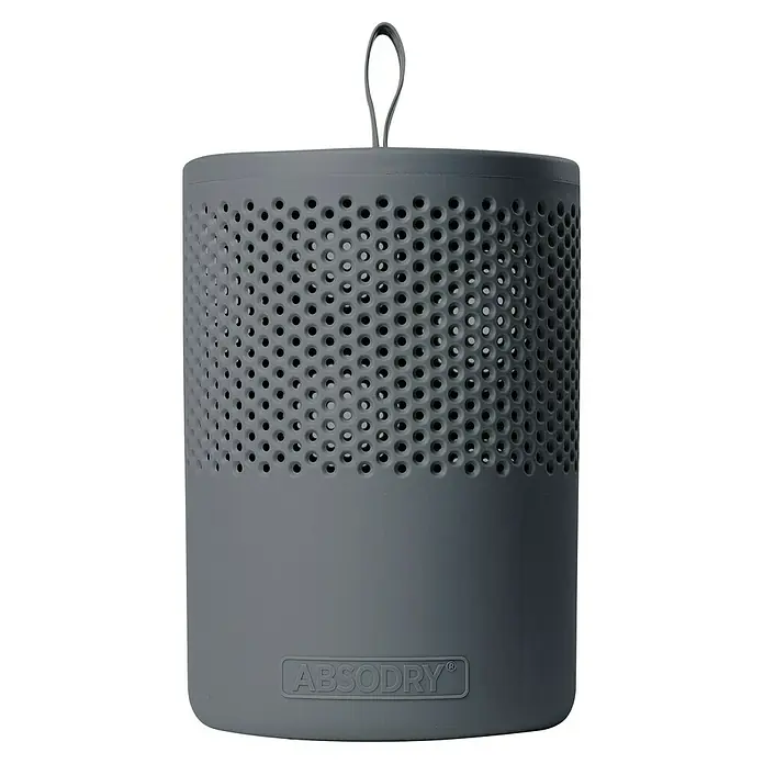 Absodry Duo Family Luftentfeuchter Series 6 - Grau, Ø x H: 14,5 x 21 cm - AbsoDry Luftentfeuchter mit Löchern zur Feuchtigkeitsaufnahme und einem praktischen Griff zum Aufhängen, ideal für verschiedene Räume.