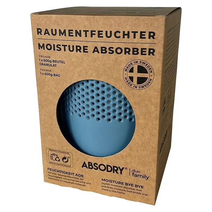 Absodry Duo Family Luftentfeuchter Series 6 - Blau, Ø x H: 14,5 x 21 cm - Feuchtigkeitsabsorber von Absodry in einer Kartonverpackung mit blauem Behälter.