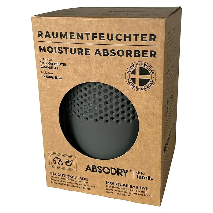 Absodry Duo Family Luftentfeuchter Series 6 - Grau, Ø x H: 14,5 x 21 cm - Kartonverpackung für einen "Absodry" Raumentfeuchter, ein Produkt zur Feuchtigkeitsabsorption mit schwedischem Design.