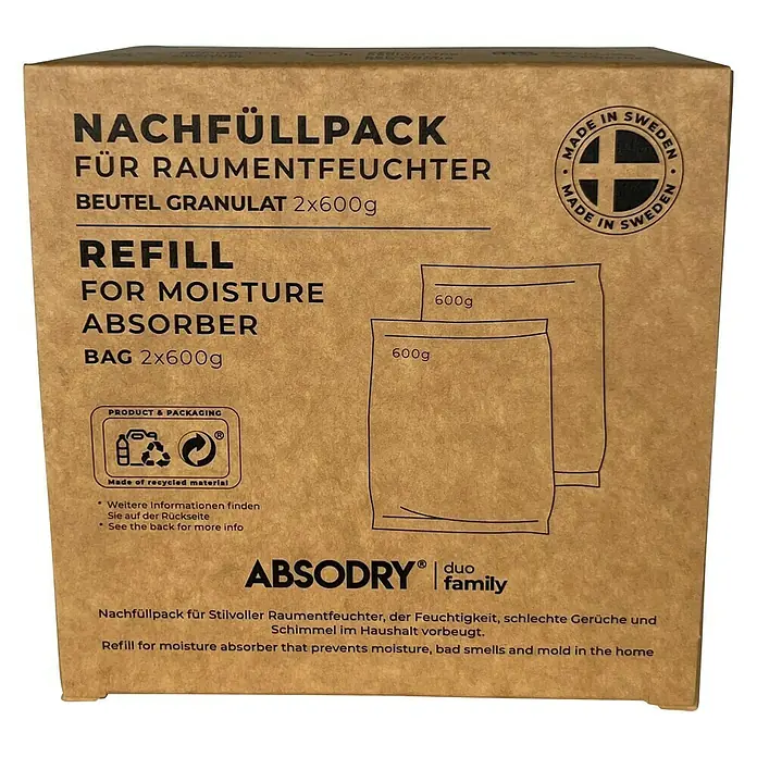 Absodry Duo Family Luftentfeuchter-Nachfüllpack - 2 Stk., Masse Einzelkomponente: 600 g - Nachfüllpackung für Raumentfeuchter von Absodry Duo Family, bestehend aus zwei Beuteln Granulat à 600g.