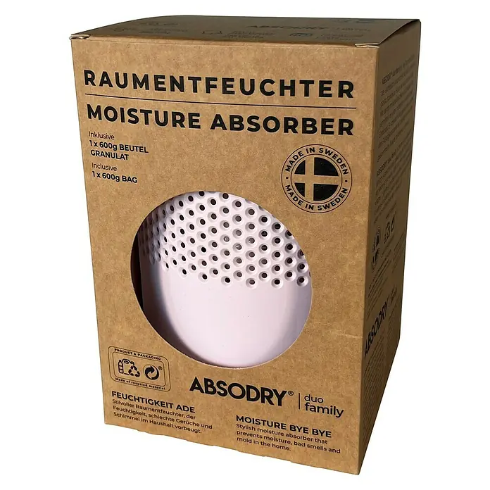 Absodry Duo Family Luftentfeuchter Series 6 - Pink, 1 Mon - 3 Mon - Kartonverpackung für ABSODRY Raumentfeuchter, ein Produkt zur Feuchtigkeitsabsorption mit "Made in Sweden"-Siegel.