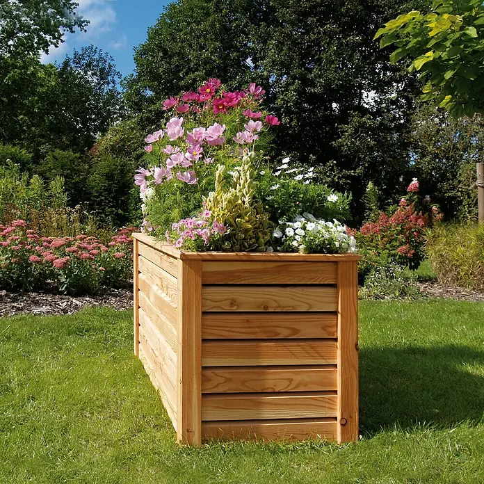 Pflanzkasten Rhombus - Holz, Natur - Ein erhöhter Pflanzkasten aus Holz mit bunten Blumen, der sich perfekt für jeden Garten oder Terrasse eignet. Er ist robust und langlebig.