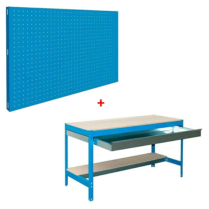 Simonrack Simonwork Banco de trabajo BT0 Box con panel 40 cm - L x An: 61 x 91 cm, Altura de trabajo: 84,2 cm, Carga soportada: 685 kg, Azul - Banco de trabajo con cajón y panel perforado para herramientas, ideal para trabajos de taller.