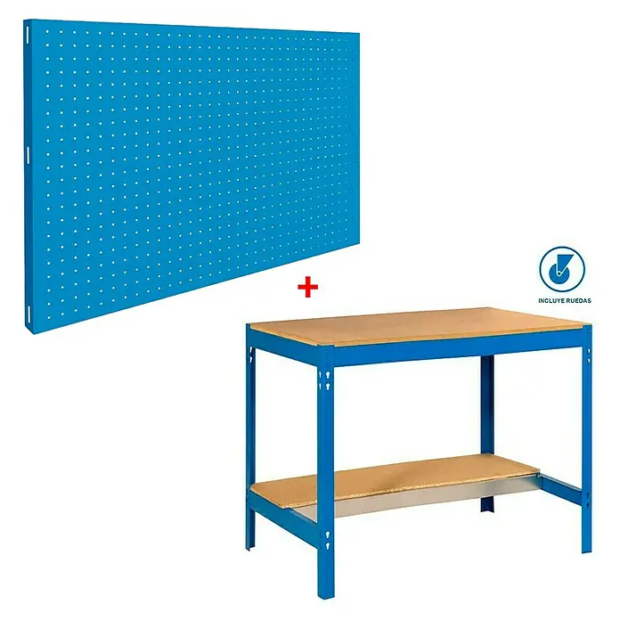 Simonrack Simonwork Banco de trabajo BT0 Mobile con panel 40 cm - L x An: 61 x 90 cm, Altura de trabajo: 95 cm, Carga soportada: 280 kg, Azul - Banco de trabajo con panel perforado y estante, ideal para talleres y salas de hobbies. Construcción robusta con gran espacio.