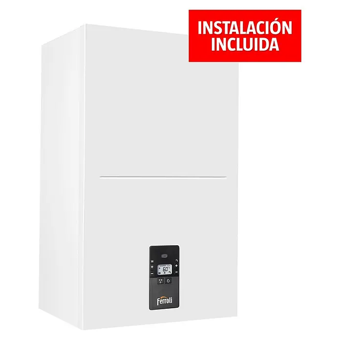 Ferroli Caldera BlueHelix Alpha 24C con instalación incluida - 20,6 kW, 8 l, Display multifunción - Imagen de una caldera Ferroli blanca con panel de control digital y banner rojo "Instalación incluida".