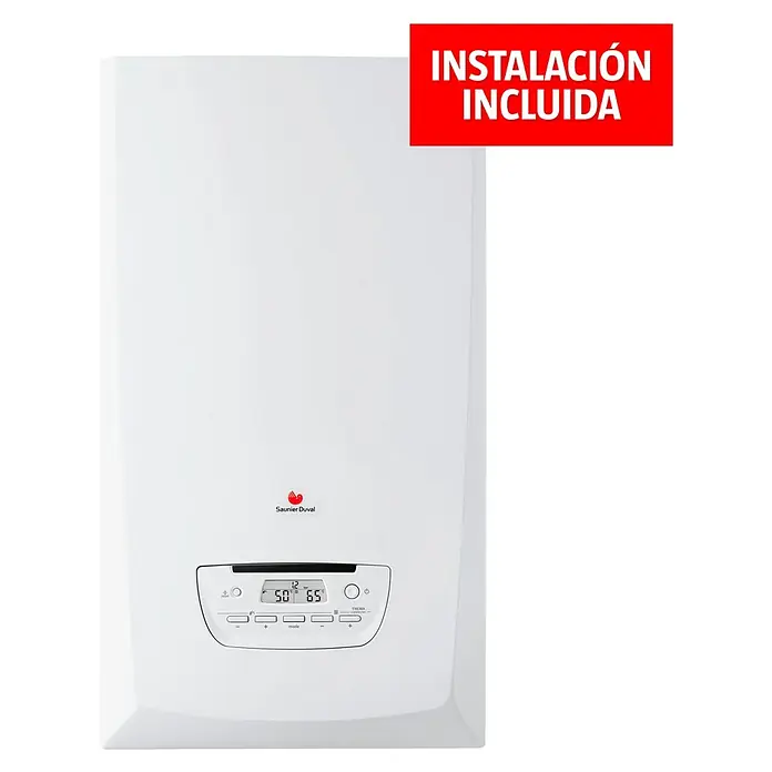 Saunier Duval Caldera Thema Condens 25-A con instalación incluida - 25,5 kW, Display multifunción - Imagen de un sistema de calefacción Saunier Duval con control digital y la inscripción "Installation Inclus".