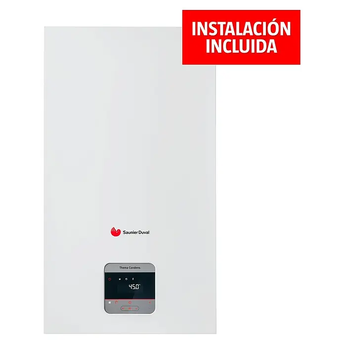 Saunier Duval Caldera Thema MiConnect con termostato MiSet Radio 26 y con instalación incluida - 26 kW, Display multifunción - Imagen de una caldera de condensación Saunier Duval con el texto "Instalación Incluida".