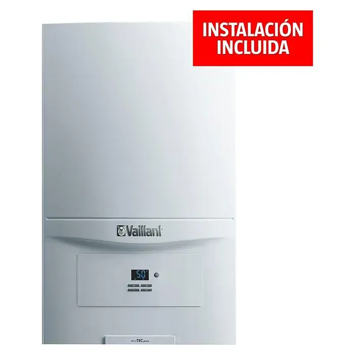 Vaillant Caldera ecoTEC pure 236/7-2 con instalación incluida - 24 kW, 8 l, Display multifunción - Imagen de una caldera de condensación a gas Vaillant ecoTEC pure, que muestra tecnología de calefacción moderna para su hogar.