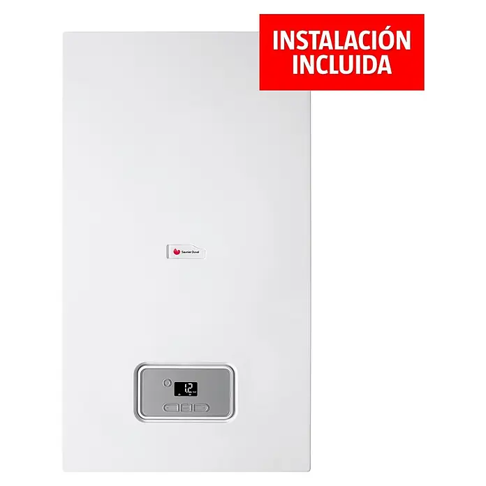 Saunier Duval Caldera Thelia Condens 25 GN con instalación incluida - 25,2 kW, Display multifunción - Aquí hay una imagen de una caldera de calefacción Saunier Duval blanca con pantalla digital, anunciada con "Instalación Incluida".