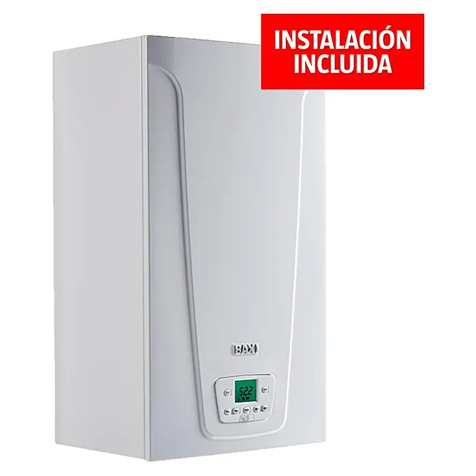 Baxi Caldera Neodens Plus Eco 24 con instalación incluida - 24 kW, 7 l, Display multifunción - Caldera de gas blanca Baxi con un letrero rojo de "Instalación incluida". Diseño limpio y pantalla digital para fácil control.