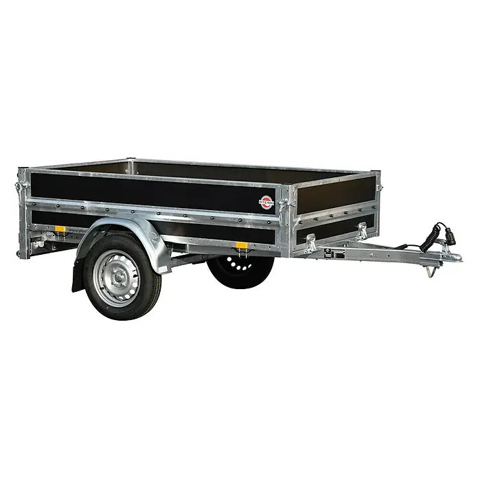 Stema Anhänger WOODOXX 750 - Nutzlast: 584 kg, Einachser, Kasteninnenmaß: 201 x 115 x 40 cm, Ungebremst - Ein robuster Anhänger mit schwarzer Ladefläche und silbernem Rahmen für vielfältige Transportaufgaben. Ideal für den privaten und gewerblichen Gebrauch.