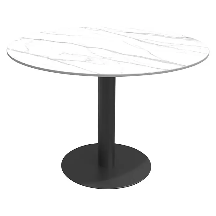 Gartenmöbel-Set Annika - 5 -tlg., Metall, Weiß/Schwarz/Flint Grey, Farbe Tischplatte: Hellgrau - Ein runder Esstisch mit einer weißen Marmorplatte und einem schwarzen Sockel. Ideal für moderne Esszimmer!