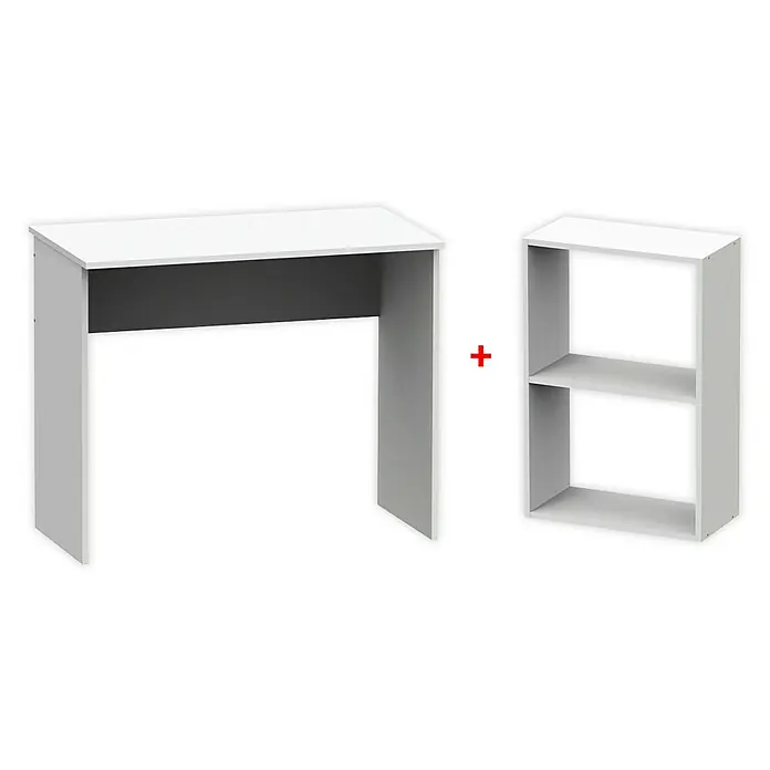Muebles Pitarch Tibet Mesa de escritorio y estantería - 2 pzs., Blanco - Un escritorio blanco con una librería blanca adicional, que ofrece una solución elegante y práctica para las necesidades de trabajo y almacenamiento.
