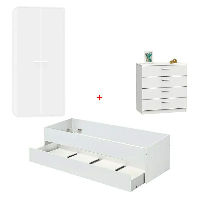 Muebles Pitarch Tibet Set muebles de dormitorio - Blanco, 3 pzs. - Conjunto de muebles compuesto por un armario blanco, una cómoda y una estructura de cama con cajón extraíble. Ideal para un dormitorio moderno.