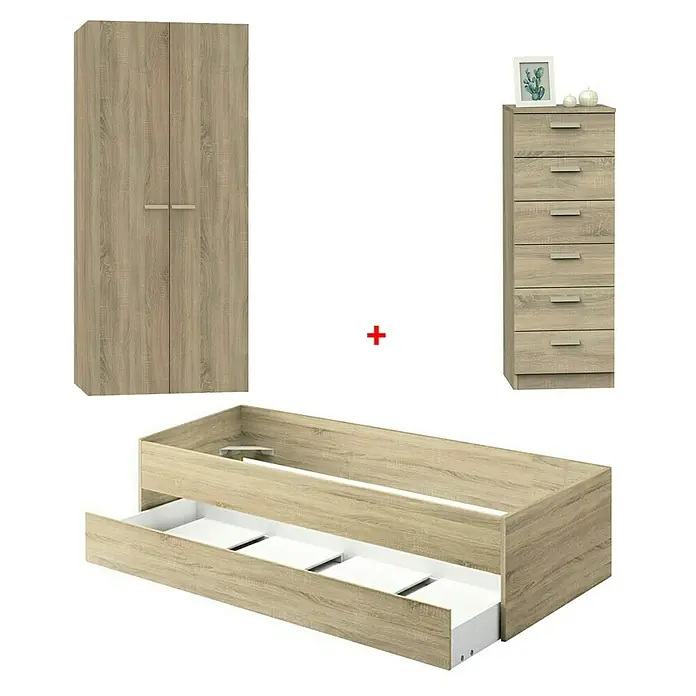 Muebles Pitarch Tibet Set muebles de dormitorio - Roble cambrian, 3 pzs. - Juego de muebles que consta de armario, cómoda con cajones y cama con cajón en aspecto de madera clara.