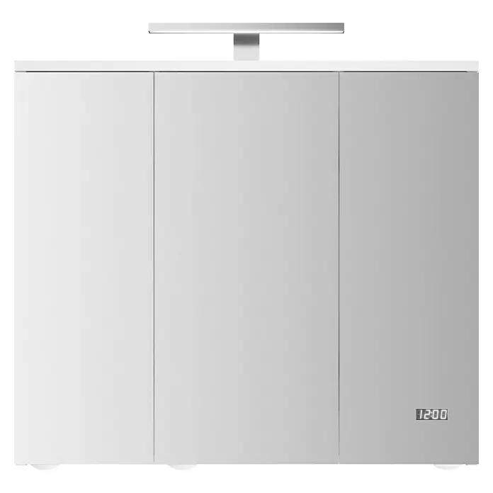 Camargue LED-Spiegelschrank Time - B x H: 72,2 x 68,2 cm, Holz, Weiß - Ein moderner Spiegelschrank mit integrierter Beleuchtung und digitaler Uhr. Das Badmöbelstück bietet Stauraum und Funktionalität.