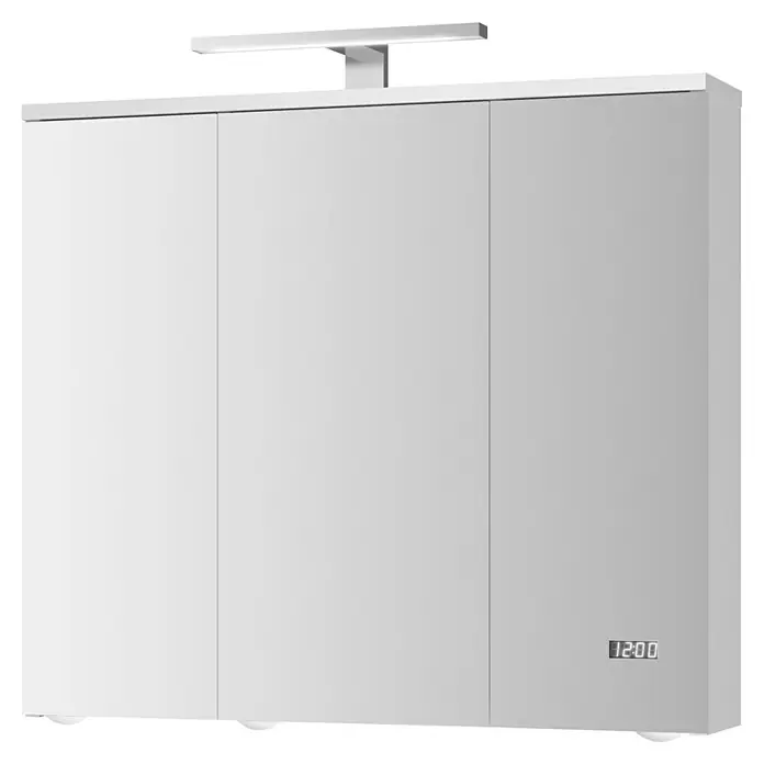 Camargue LED-Spiegelschrank Time - B x H: 72,2 x 68,2 cm, Holz, Weiß - Ein weißer Spiegelschrank mit integrierter Beleuchtung und digitaler Uhr für das Badezimmer.