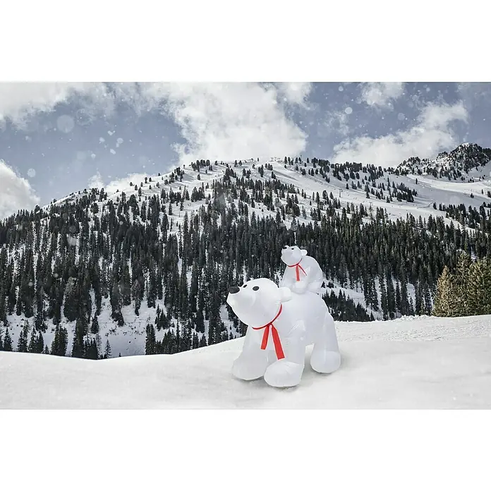 Tween Light Figura LED navideña Osa y osito - 153 x 76 x 183 cm, Blanco/Rojo, Funcionamiento en red, LED - Oso polar inflable con bebé a la espalda en la nieve, decorado con lazos rojos, con un fondo de montaña nevada.