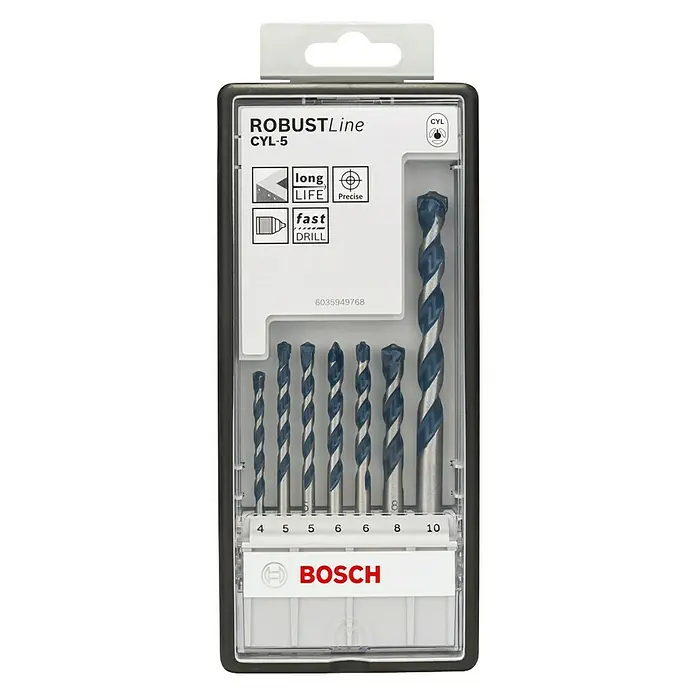 Bosch Broca para hormigón y mampostería - 7 ud., Diámetro de la broca: 8 mm - Un juego de brocas Bosch Robust Line CYL-5, con varios tamaños de 4 a 10 mm perfectamente organizadas en un contenedor de plástico negro.