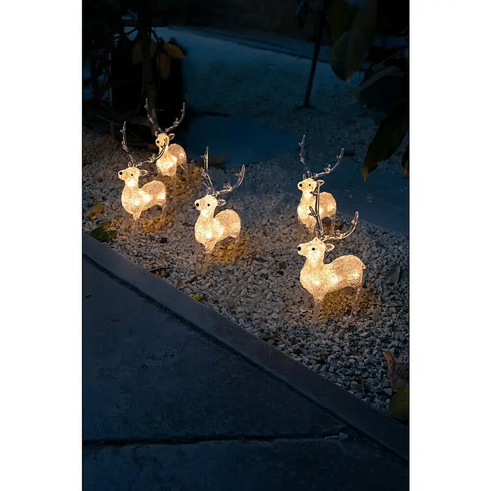 Konstsmide LED-Weihnachtsdekoleuchte LED Acryl - 4 m x 13 cm x 19 cm, Weiß, Netzbetrieben, LED - Festliche Dekoration: Eine Gruppe leuchtender Rentierfiguren schmückt einen Gartenweg und sorgt für weihnachtliche Stimmung im Außenbereich.