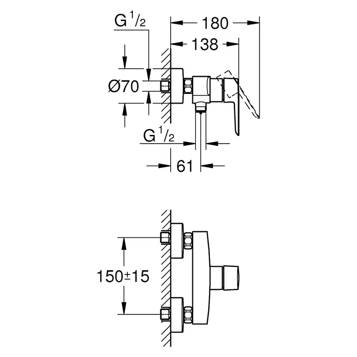 Grohe QuickFix Brausearmatur Start - Chrom, Glänzend, Messing - Eine detaillierte Schemazeichnung einer Armatur mit Maßangaben für Sanitärinstallationen, inklusive Durchmesser und Abstände.