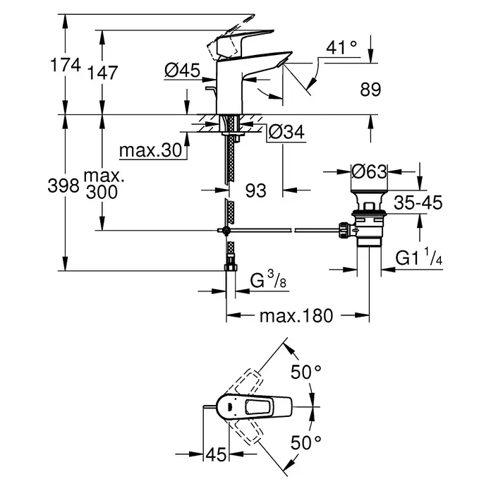 Grohe Start Loop Waschtischarmatur S-Size - Chrom, Glänzend, Mit Bügelhebel - Technische Zeichnung einer Armatur mit Maßangaben zu Höhe, Durchmesser und Ausladung für Installationszwecke.