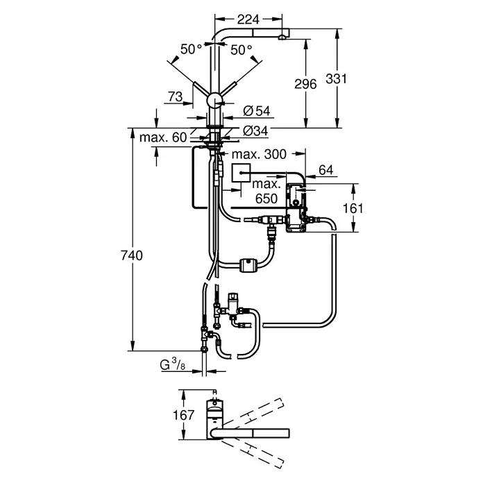 Grohe Spültischarmatur Minta Touch - Chrom, Glänzend - Technische Zeichnung einer Duscharmatur mit Maßangaben zu ihrer Installation und den Abmessungen der einzelnen Komponenten.