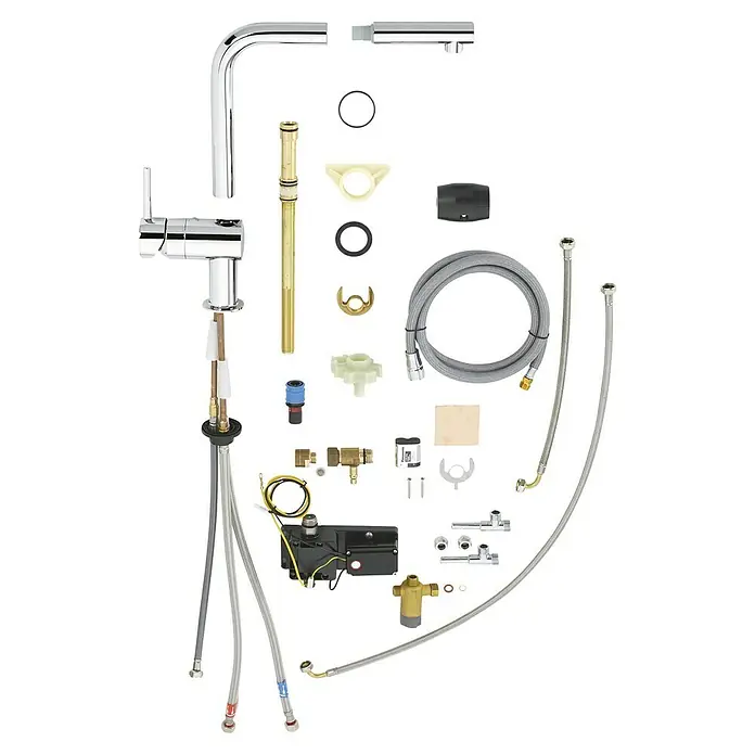 Grohe Spültischarmatur Minta Touch - Chrom, Glänzend - Abgebildete Chrom Küchenarmatur mit allen dazugehörigen Montageteilen für die Spüle. Komplettes Set zur Installation.