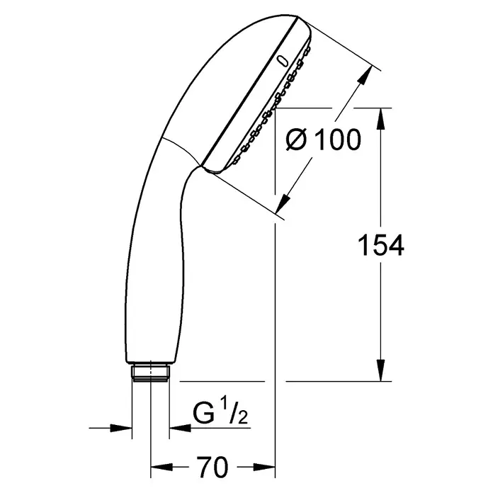 Grohe Vitalio Start Handbrause 100 - Anzahl Funktionen: 1 Stk., Durchmesser: 10 cm, Chrom - Technische Zeichnung eines Handbrausekopfes mit Maßangaben zu Durchmesser, Höhe und Gewindegröße für Installationszwecke.